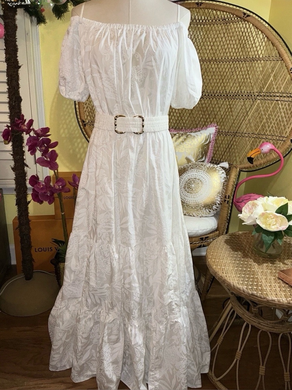 Lilly Pulitzer NWT Nessa Shoulder Maxi Dress White Jungle Cabana $348 Size XL - Picture 2 of 12